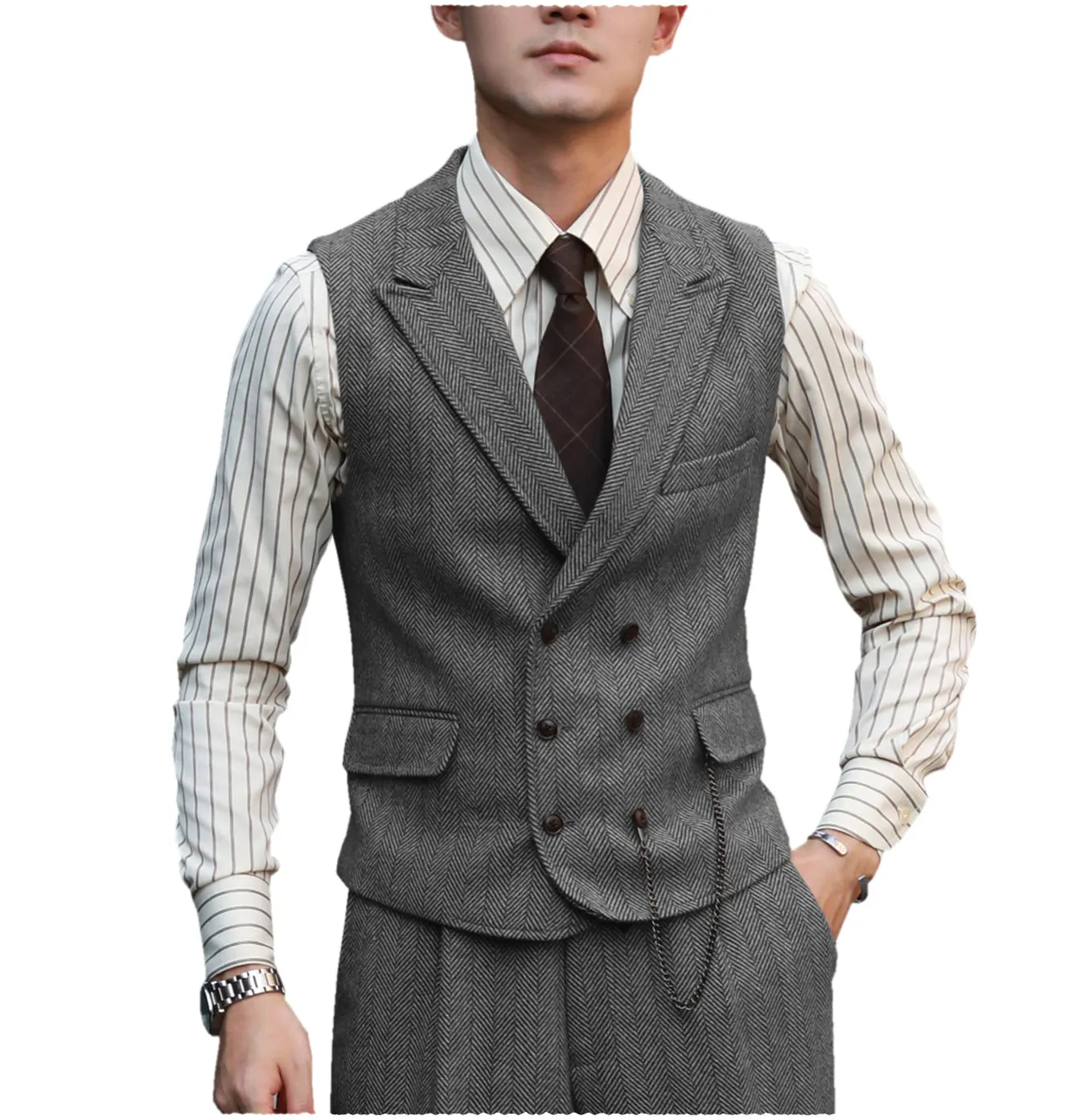 Fashion Men's 2 Piece Suit Herringbone Peak Lapel Tuxedos (Vest Pants)