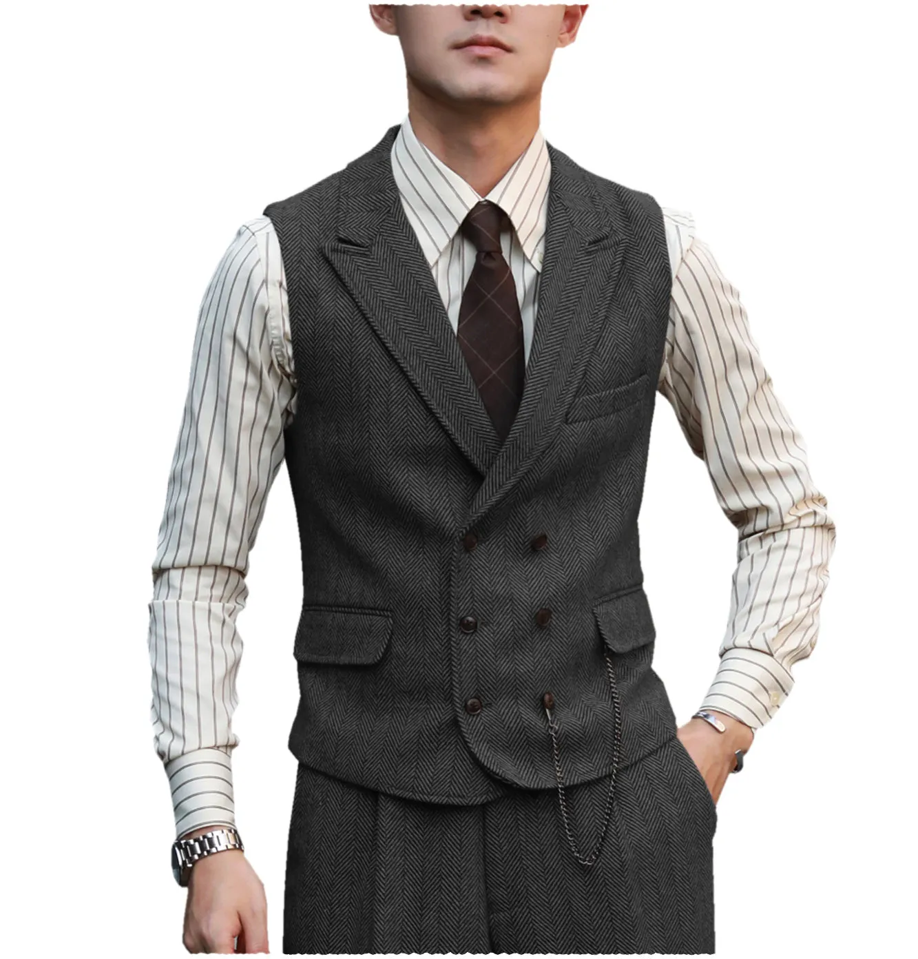 Fashion Men's 2 Piece Suit Herringbone Peak Lapel Tuxedos (Vest Pants)