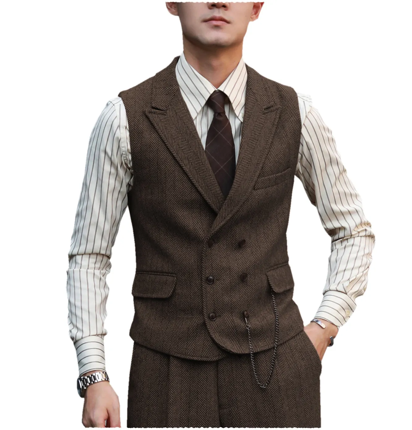 Fashion Men's 2 Piece Suit Herringbone Peak Lapel Tuxedos (Vest Pants)