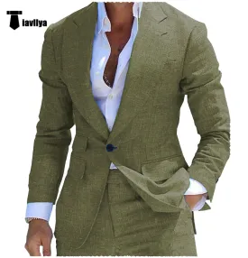 Fashion Men's 2 Pieces Mens Suit Peak Lapel Linen For Wedding (Blazer Pants)