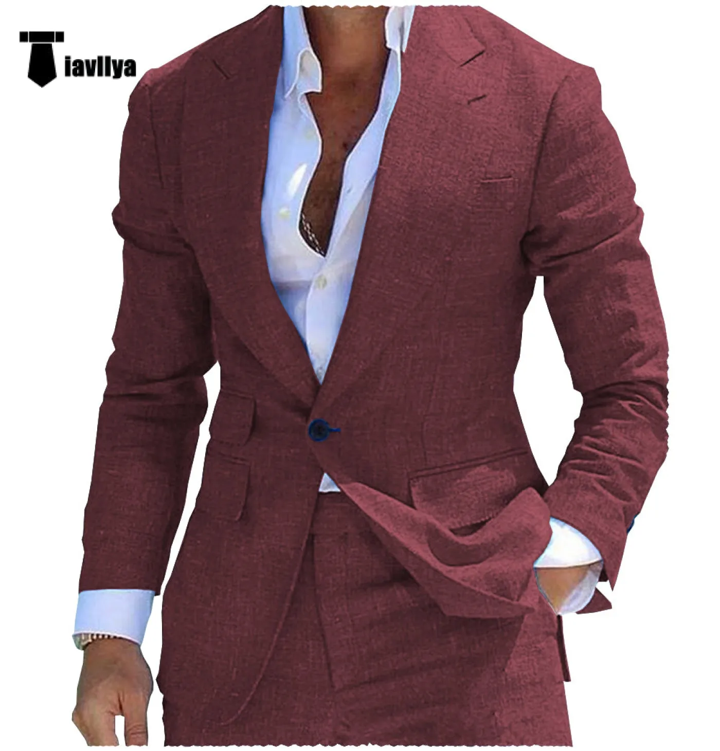 Fashion Men's 2 Pieces Mens Suit Peak Lapel Linen For Wedding (Blazer Pants)