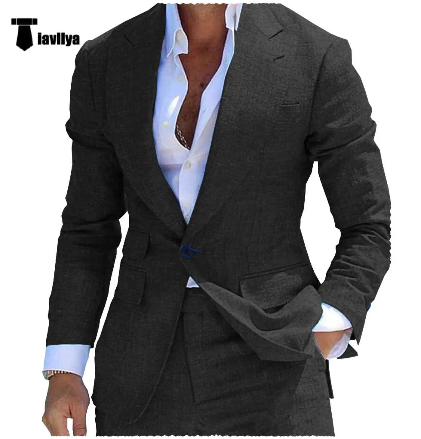 Fashion Men's 2 Pieces Mens Suit Peak Lapel Linen For Wedding (Blazer Pants)