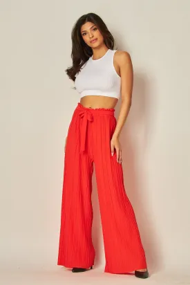 Flame Red Pleated Wide Leg Paperback Self Tie Pants