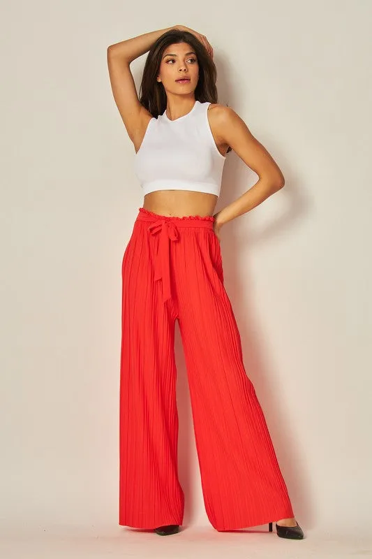 Flame Red Pleated Wide Leg Paperback Self Tie Pants