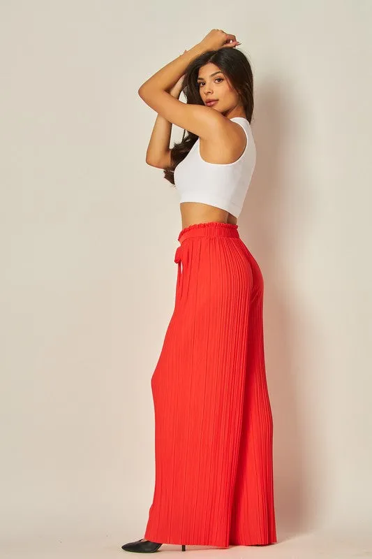 Flame Red Pleated Wide Leg Paperback Self Tie Pants