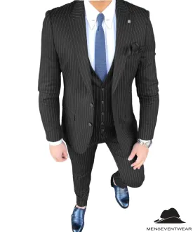 Formal Men's 3 Pieces Slim Fit Striped Peak Lapel Tuxedos (Blazer vest Pants)