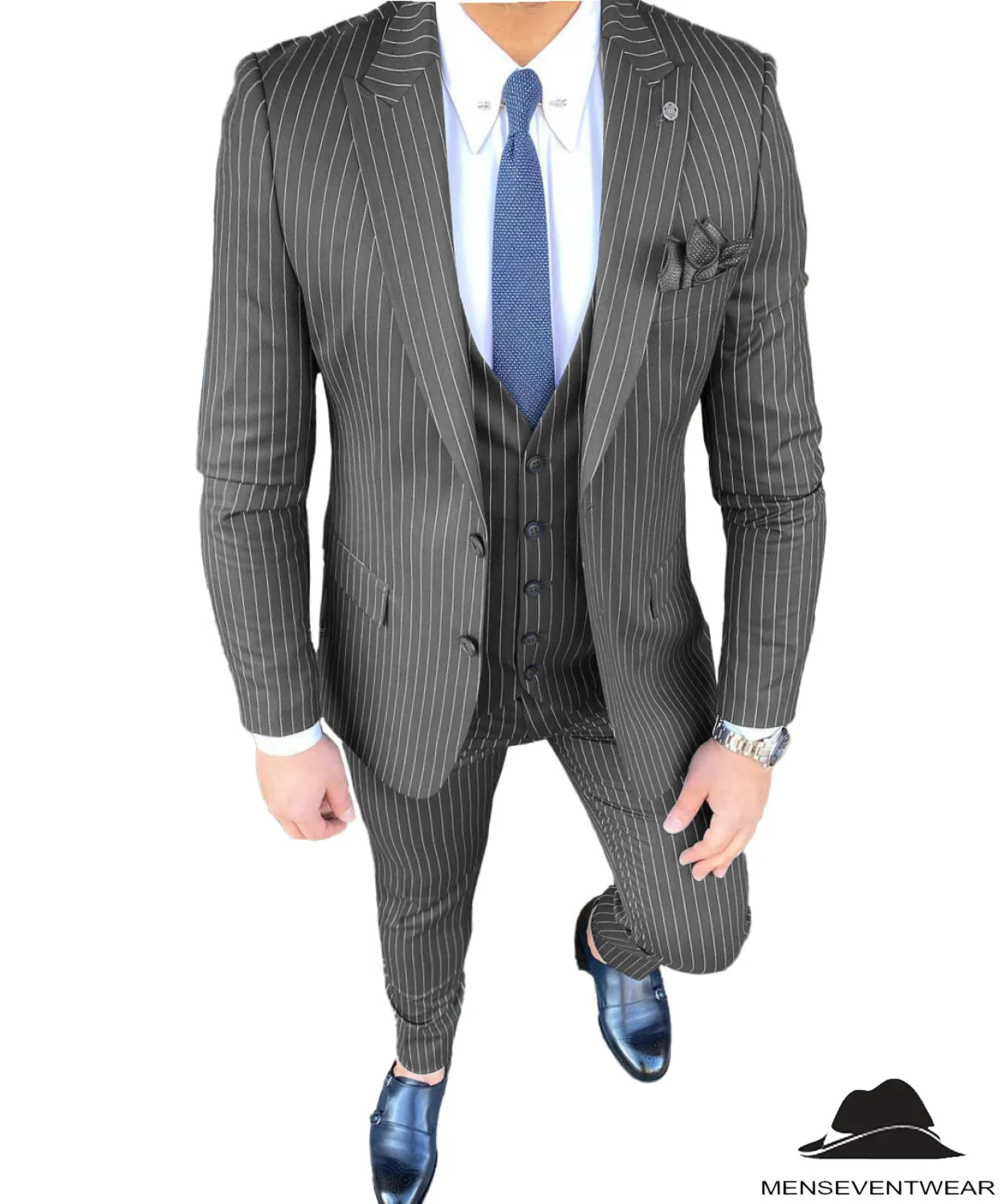 Formal Men's 3 Pieces Slim Fit Striped Peak Lapel Tuxedos (Blazer vest Pants)