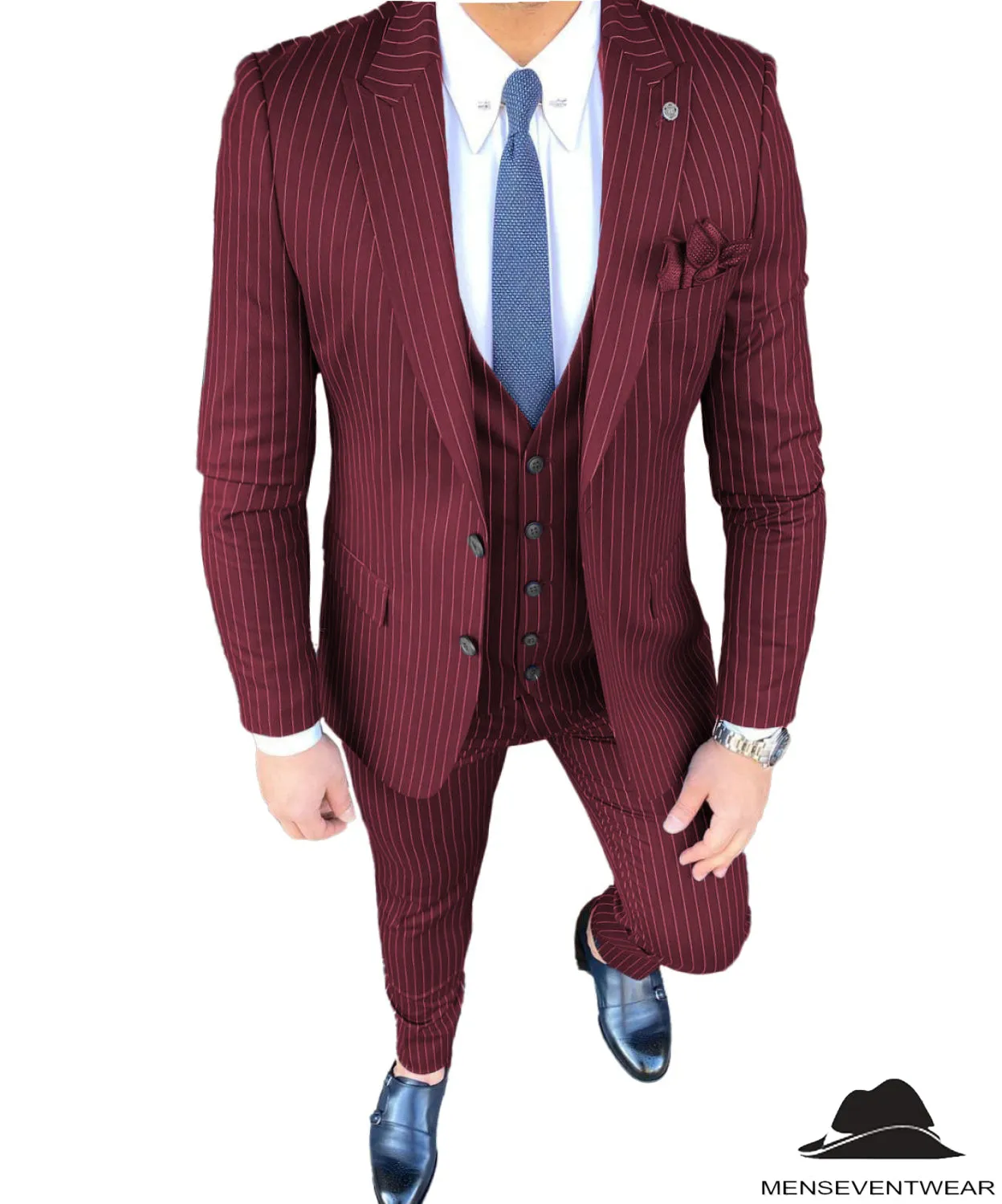Formal Men's 3 Pieces Slim Fit Striped Peak Lapel Tuxedos (Blazer vest Pants)
