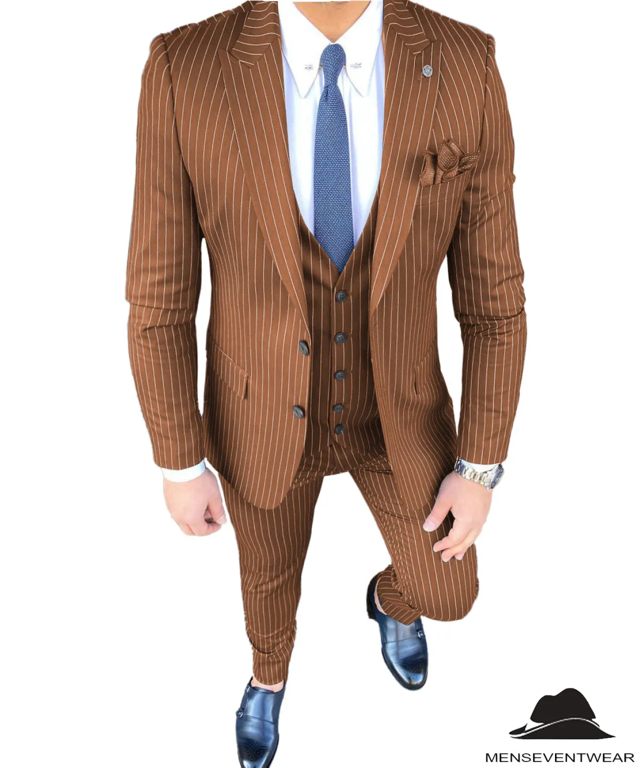 Formal Men's 3 Pieces Slim Fit Striped Peak Lapel Tuxedos (Blazer vest Pants)