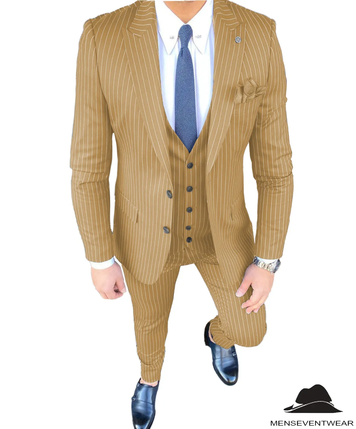 Formal Men's 3 Pieces Slim Fit Striped Peak Lapel Tuxedos (Blazer vest Pants)