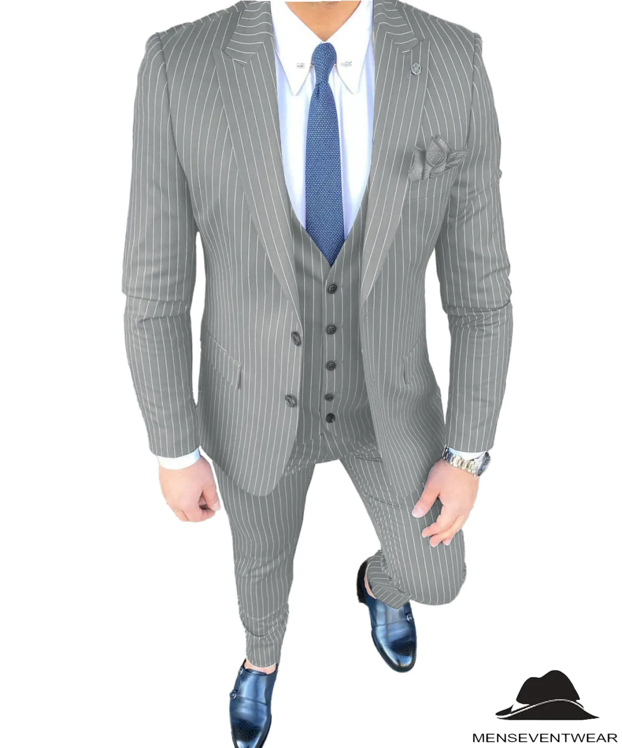 Formal Men's 3 Pieces Slim Fit Striped Peak Lapel Tuxedos (Blazer vest Pants)