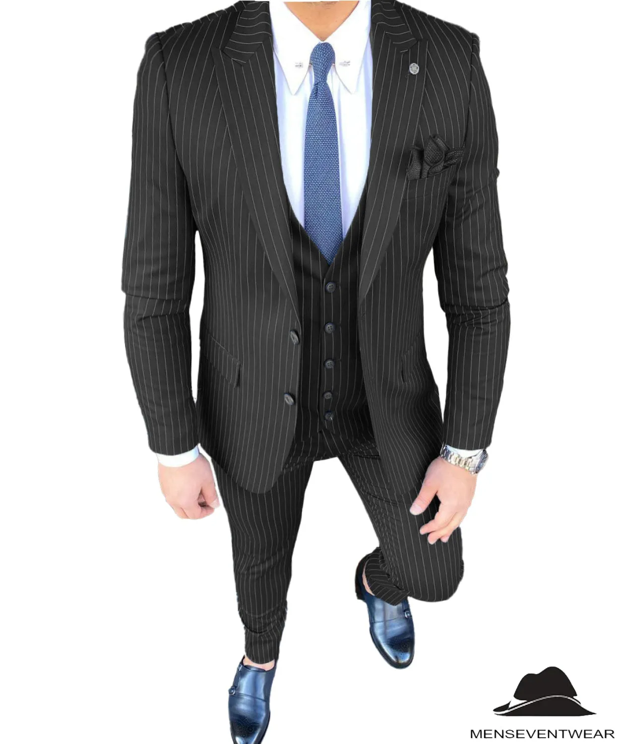 Formal Men's 3 Pieces Slim Fit Striped Peak Lapel Tuxedos (Blazer vest Pants)