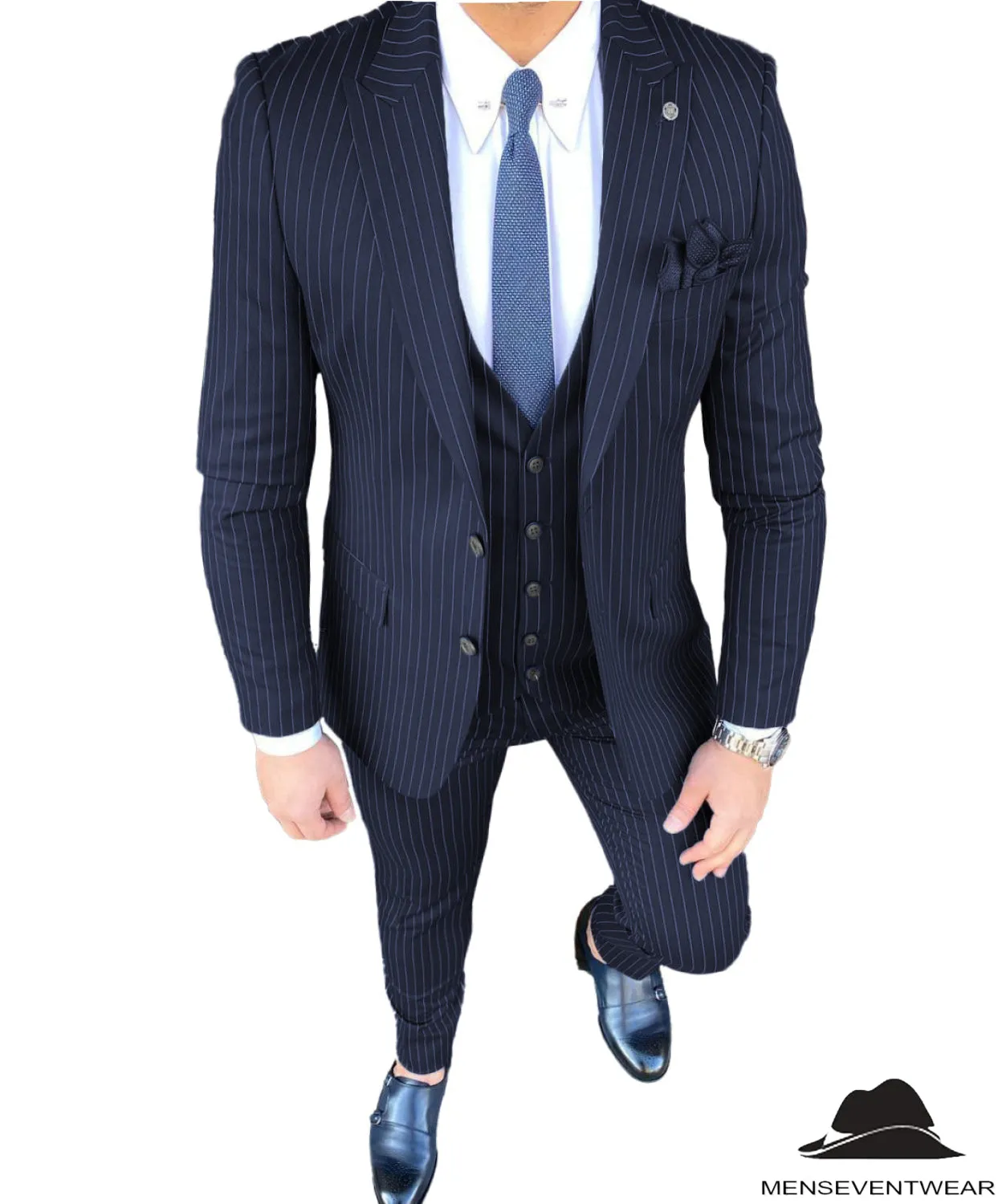 Formal Men's 3 Pieces Slim Fit Striped Peak Lapel Tuxedos (Blazer vest Pants)