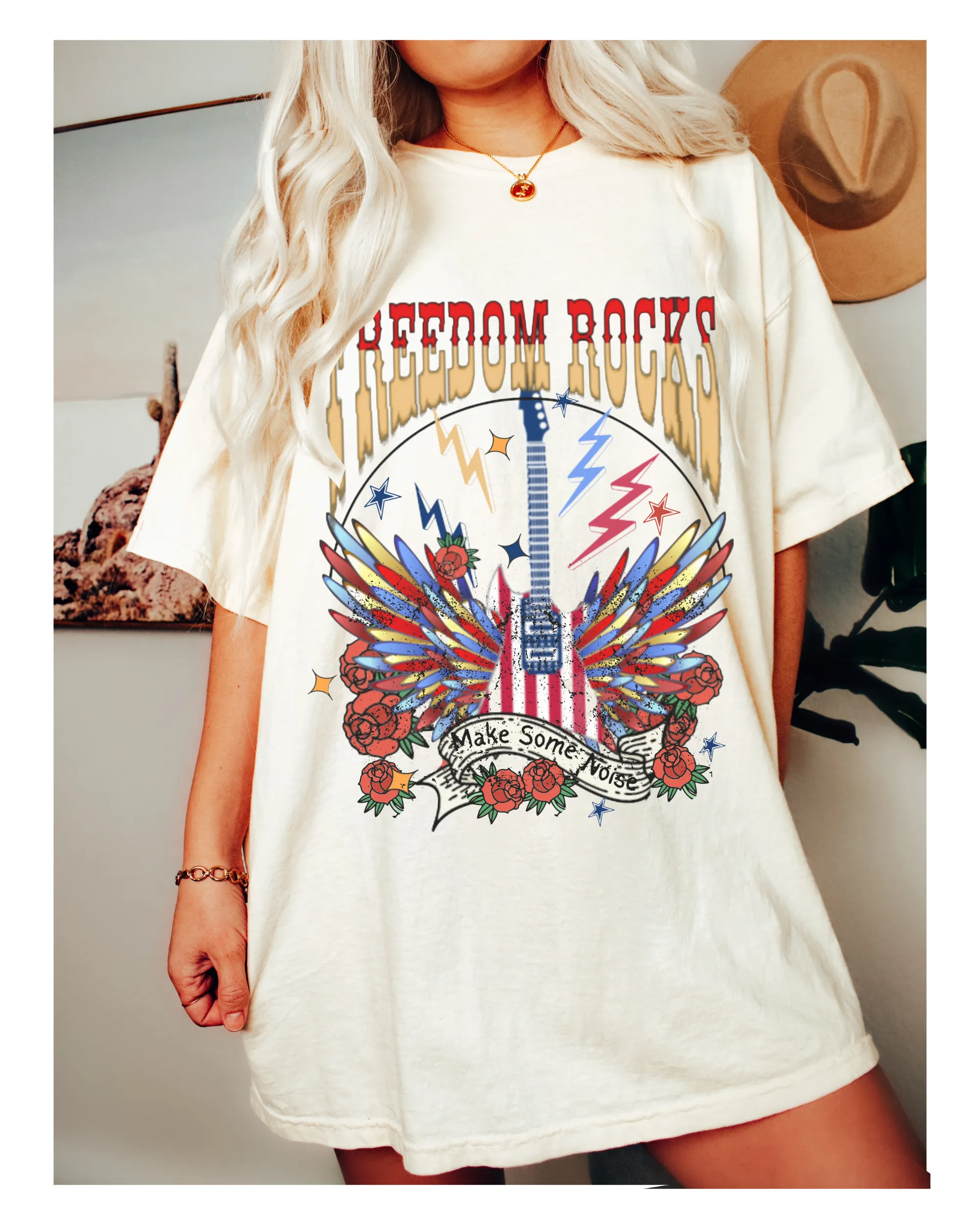 Freedom Rocks Comfort Colors® Shirt, Women's 4th of July Summer T-Shirt, Garment Dyed, Boho, Retro Guitar