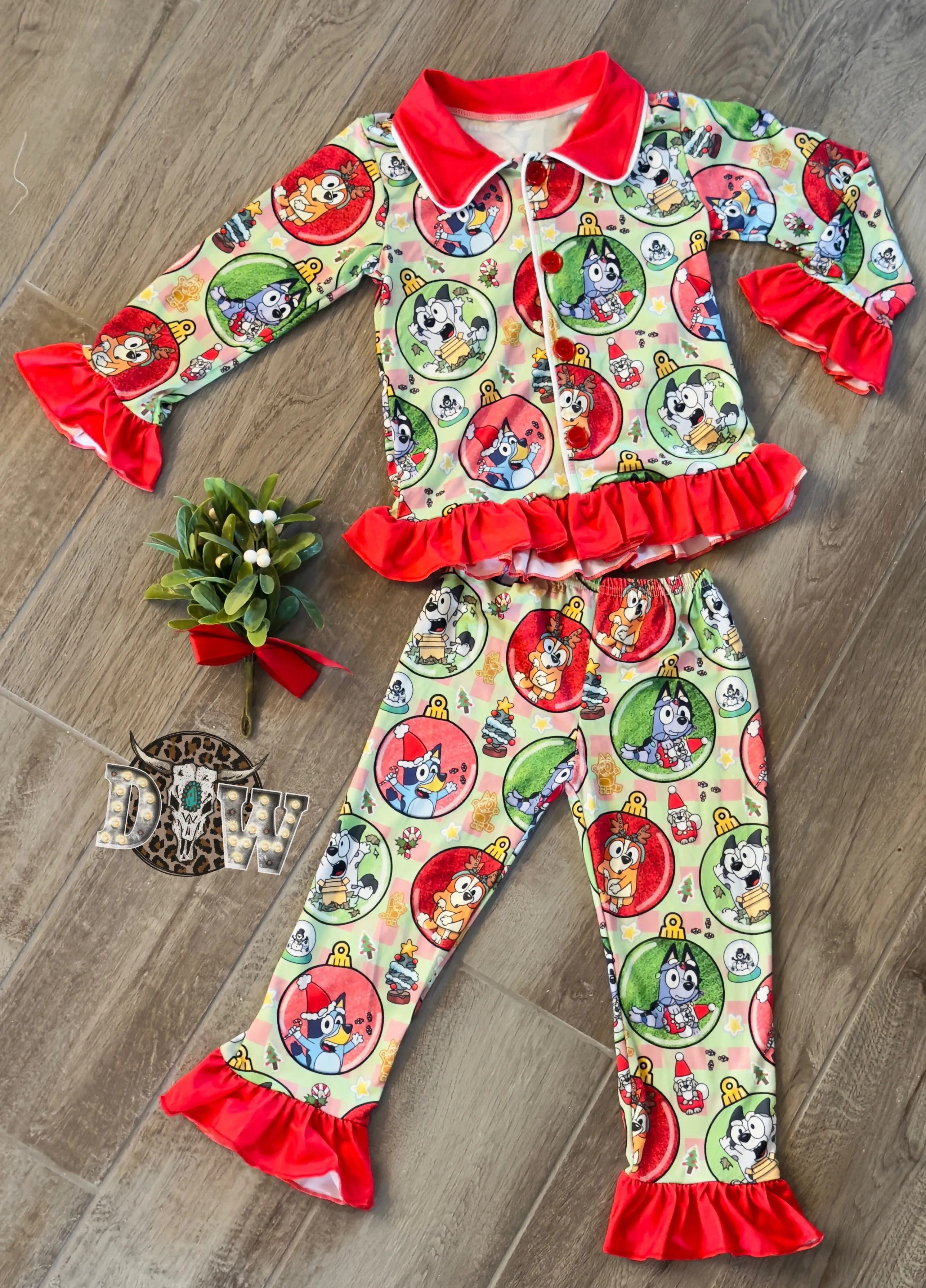 Girls Bluey Christmas Ruffle Christmas Pajama Set