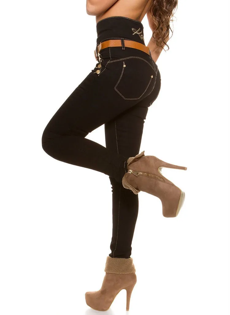 High waist Black slim skinny Jeans Trousers   Belt