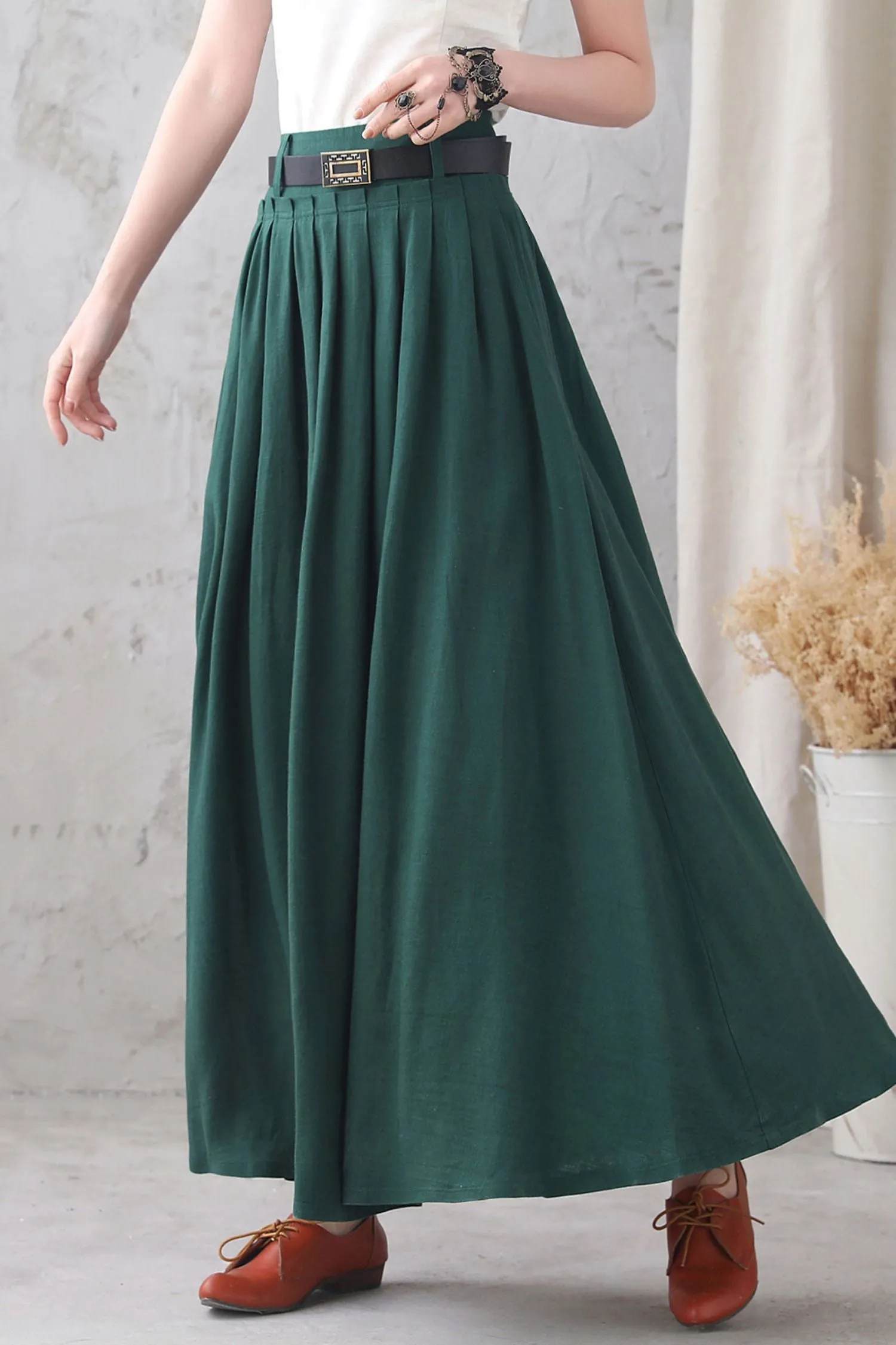 High waist Long pleated Swing skirt with pocket 3333