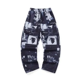 High-waisted, mid-length slacks full of letters and graffiti