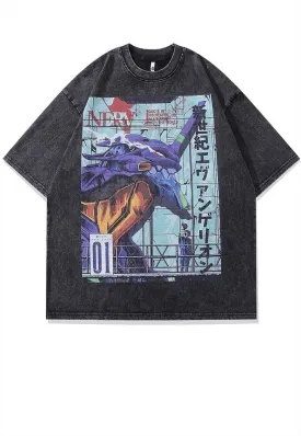Japanese cartoon t-shirt Anime print tee in vintage grey