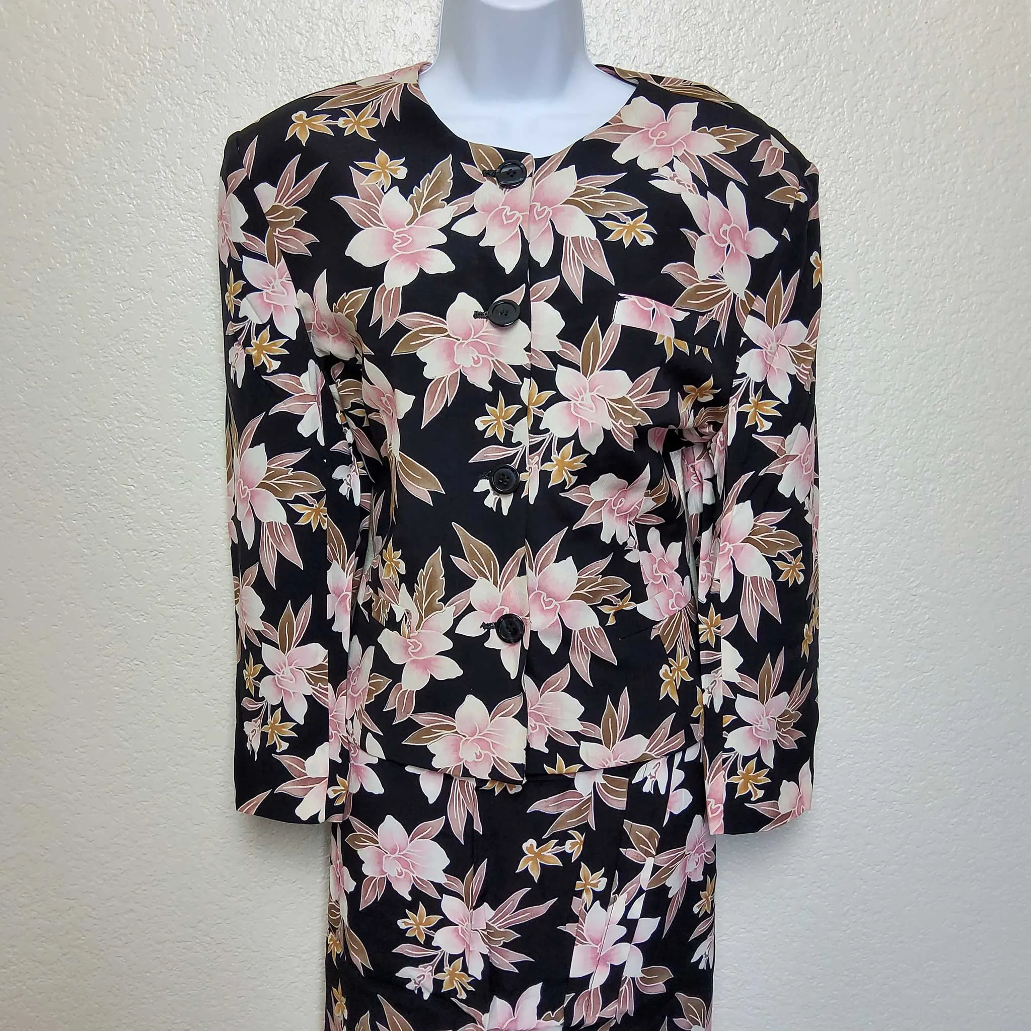 Jones New York Black 2-Piece Suit with Pink Floral Pattern, Women's Size 12