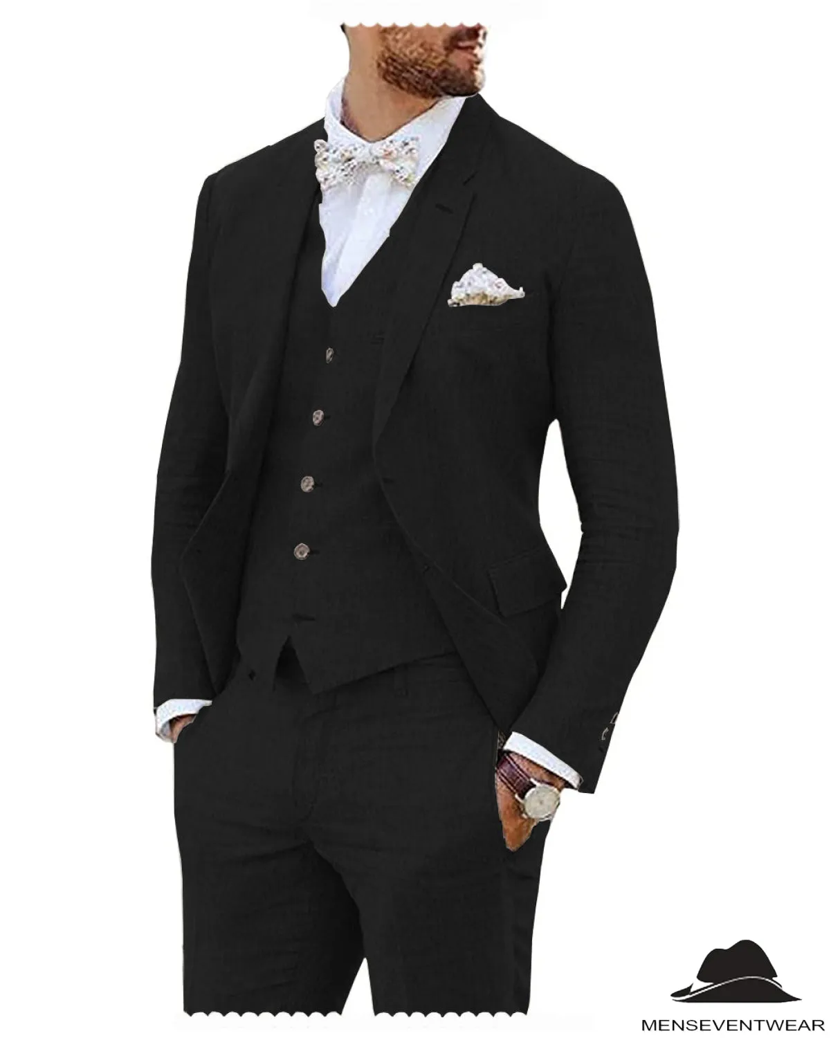 Leisure 3 Piece Men's Suit Flat Linen Notch Lapel (Blazer Vest Pants)