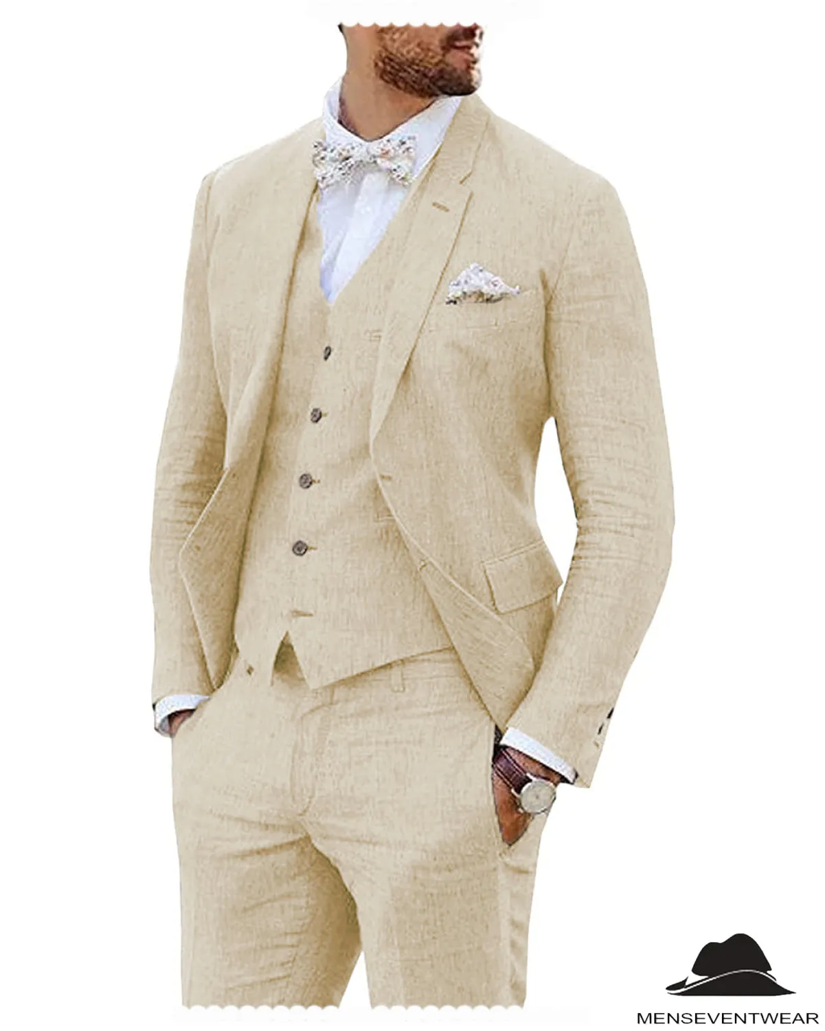 Leisure 3 Piece Men's Suit Flat Linen Notch Lapel (Blazer Vest Pants)