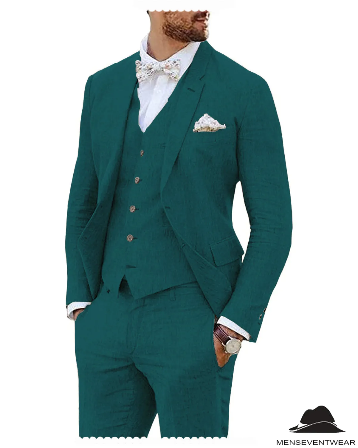 Leisure 3 Piece Men's Suit Flat Linen Notch Lapel (Blazer Vest Pants)