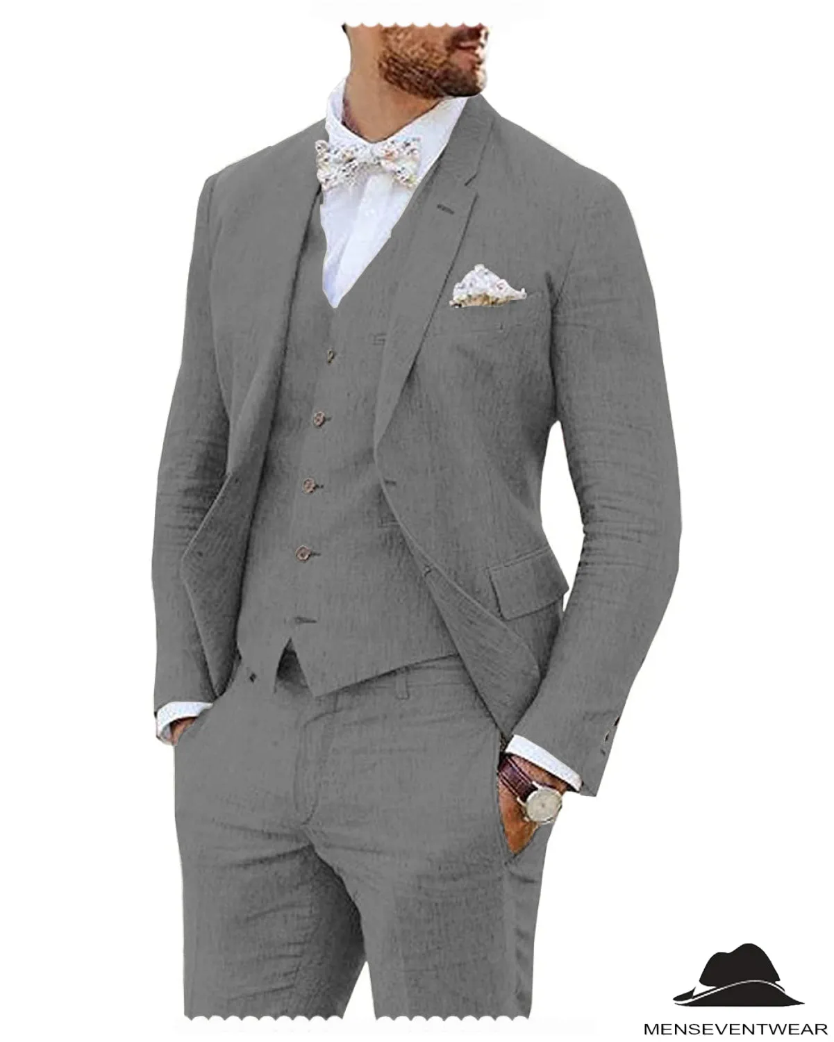 Leisure 3 Piece Men's Suit Flat Linen Notch Lapel (Blazer Vest Pants)