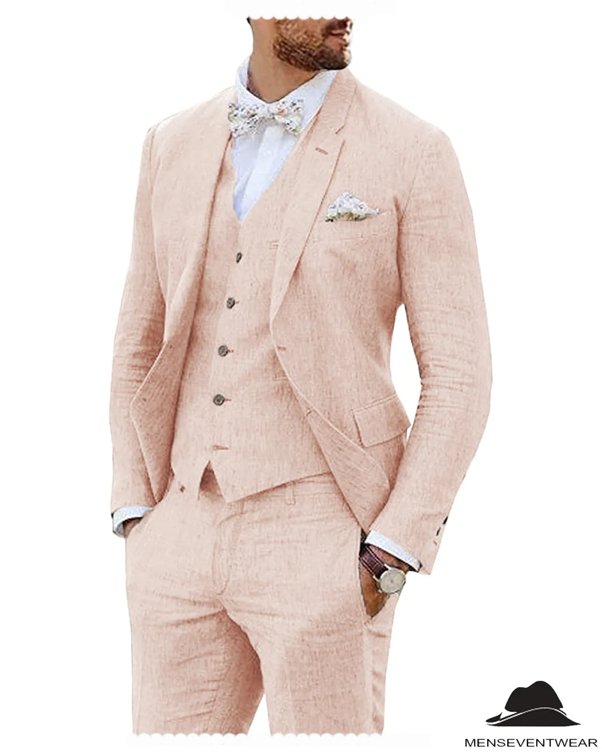 Leisure 3 Piece Men's Suit Flat Linen Notch Lapel (Blazer Vest Pants)