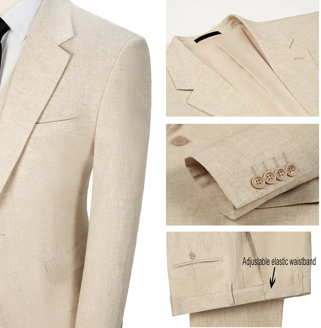 Leisure 3 Piece Men's Suit Flat Linen Notch Lapel (Blazer Vest Pants)