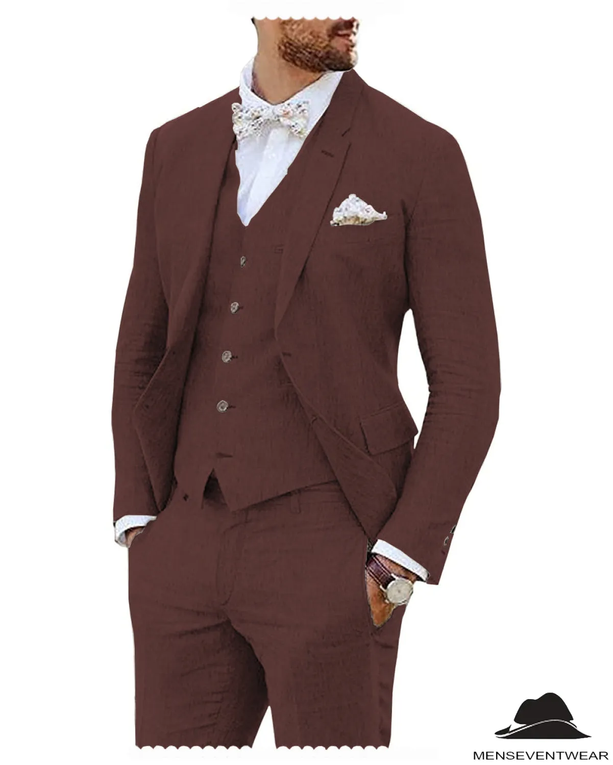 Leisure 3 Piece Men's Suit Flat Linen Notch Lapel (Blazer Vest Pants)