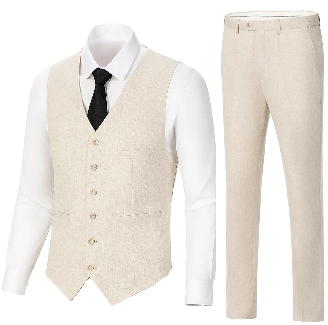 Leisure 3 Piece Men's Suit Flat Linen Notch Lapel (Blazer Vest Pants)