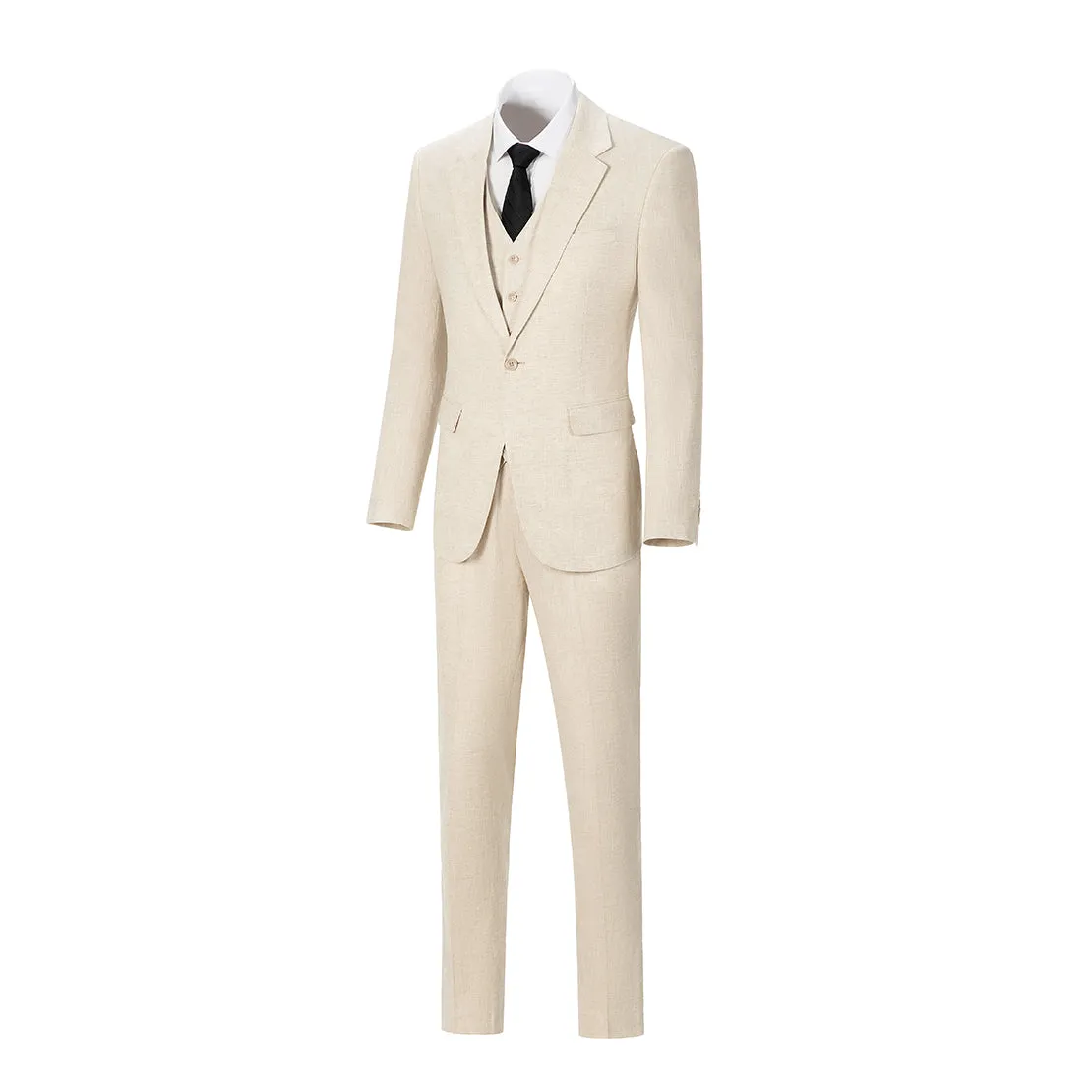 Leisure 3 Piece Men's Suit Flat Linen Notch Lapel (Blazer Vest Pants)