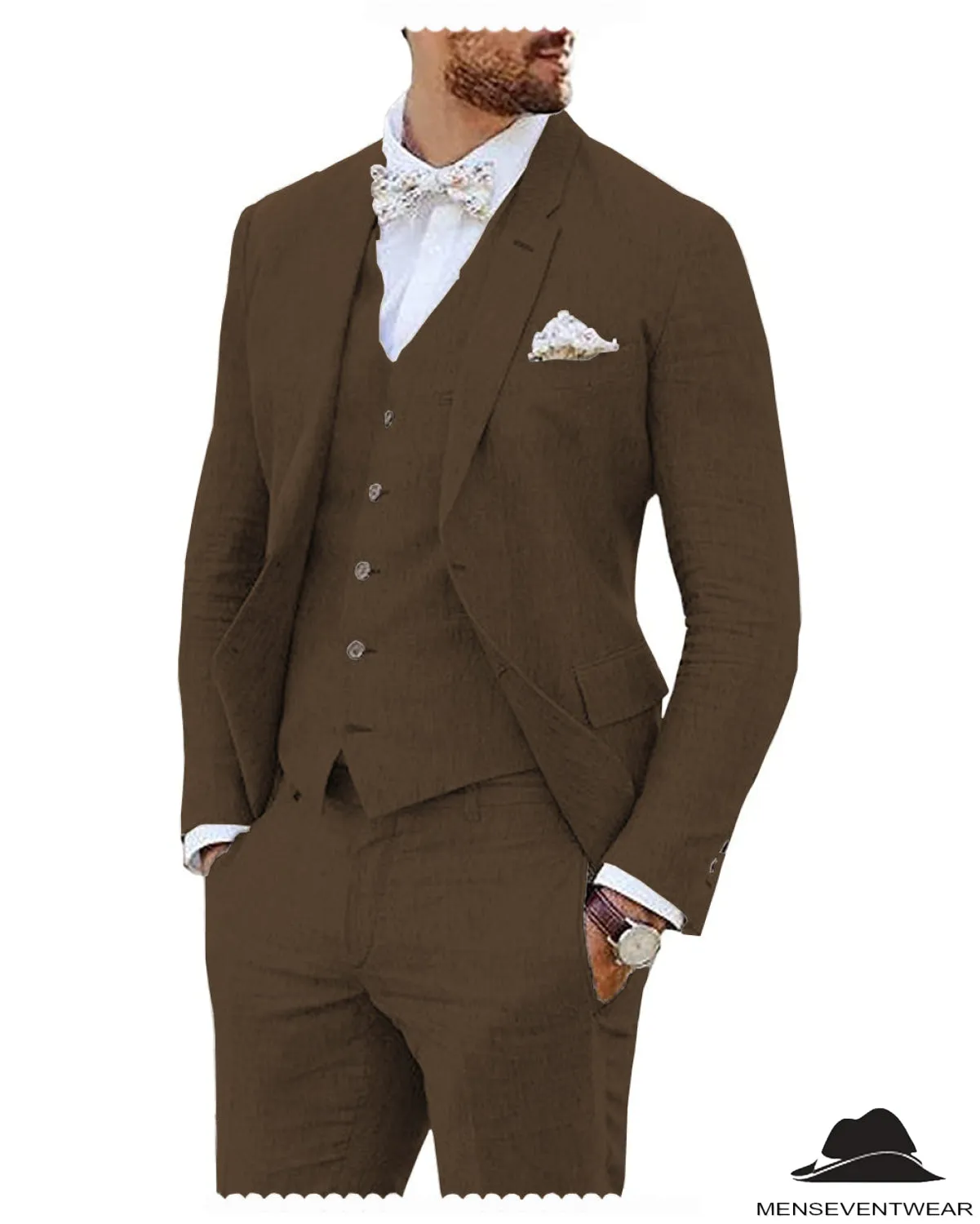 Leisure 3 Piece Men's Suit Flat Linen Notch Lapel (Blazer Vest Pants)