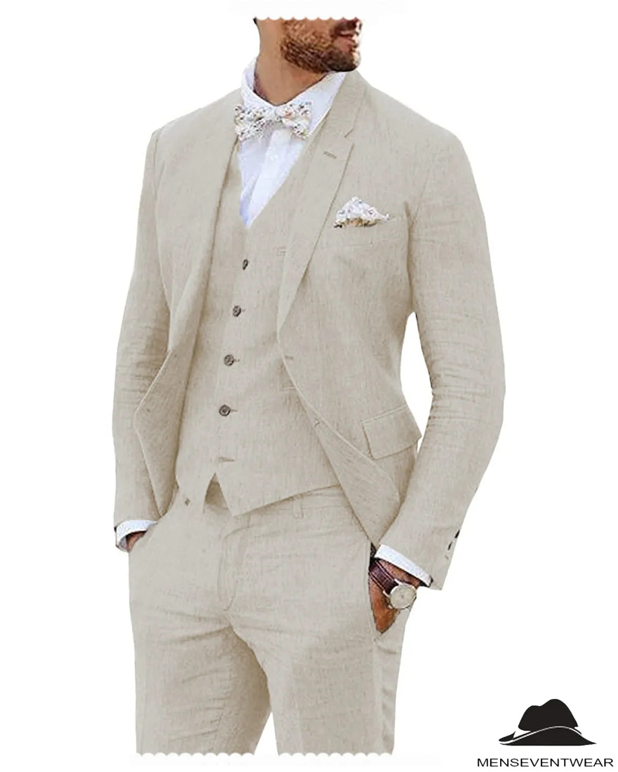 Leisure 3 Piece Men's Suit Flat Linen Notch Lapel (Blazer Vest Pants)