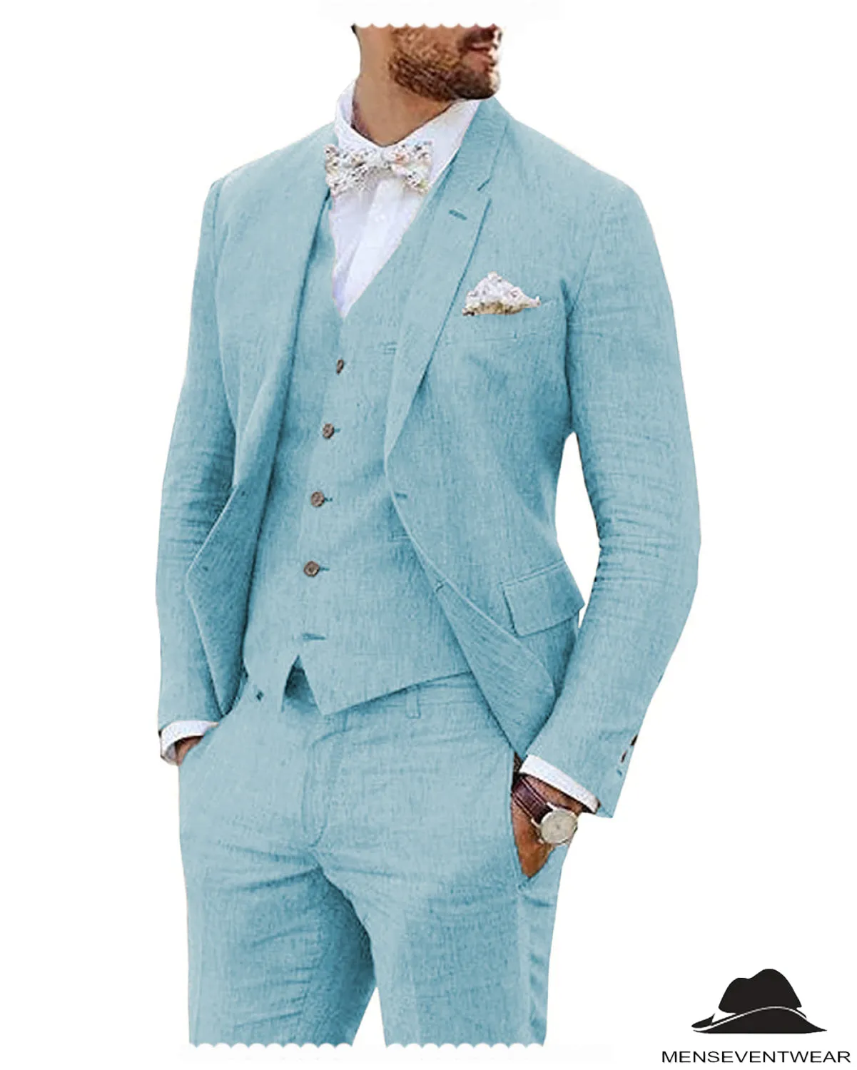 Leisure 3 Piece Men's Suit Flat Linen Notch Lapel (Blazer Vest Pants)
