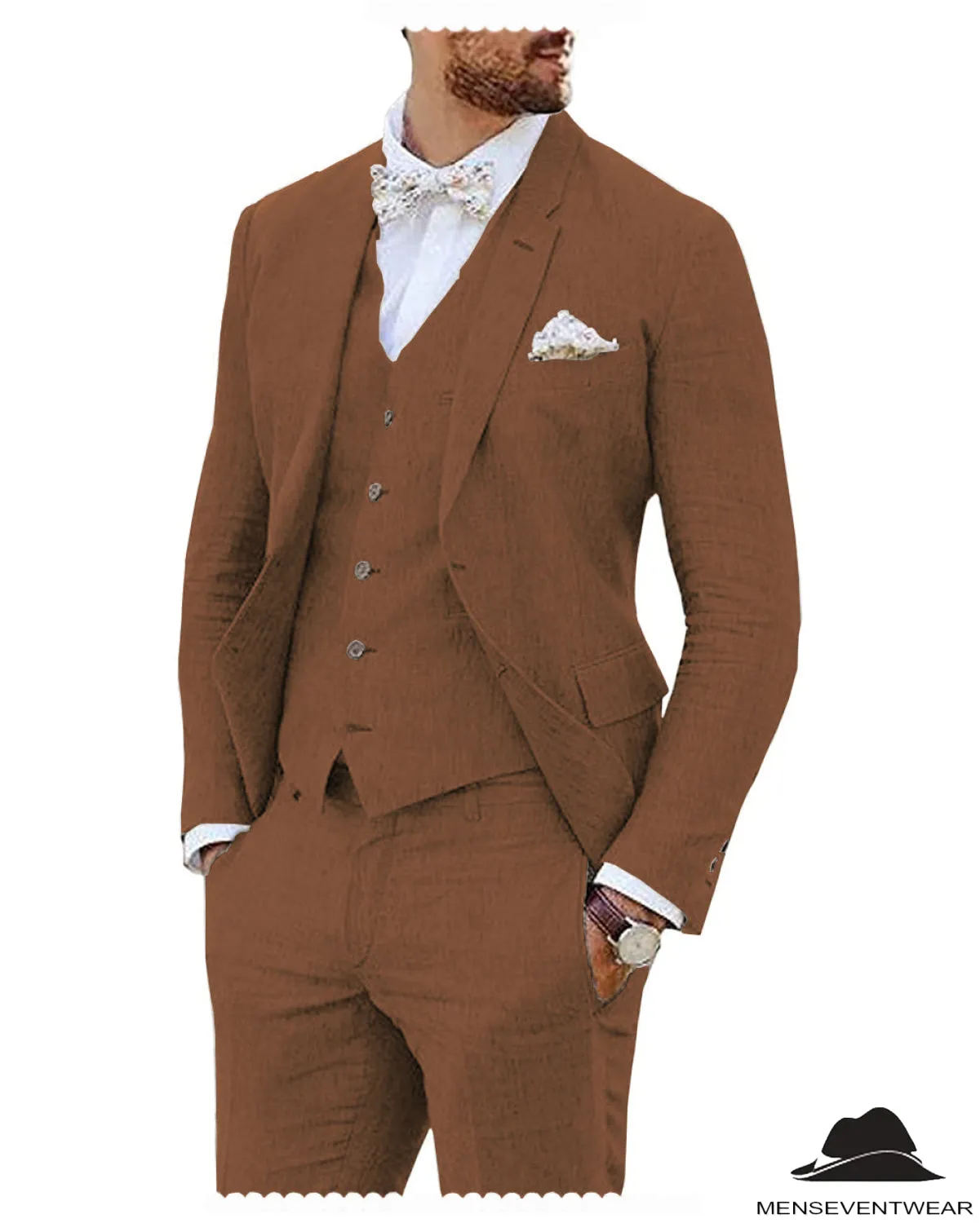 Leisure 3 Piece Men's Suit Flat Linen Notch Lapel (Blazer Vest Pants)