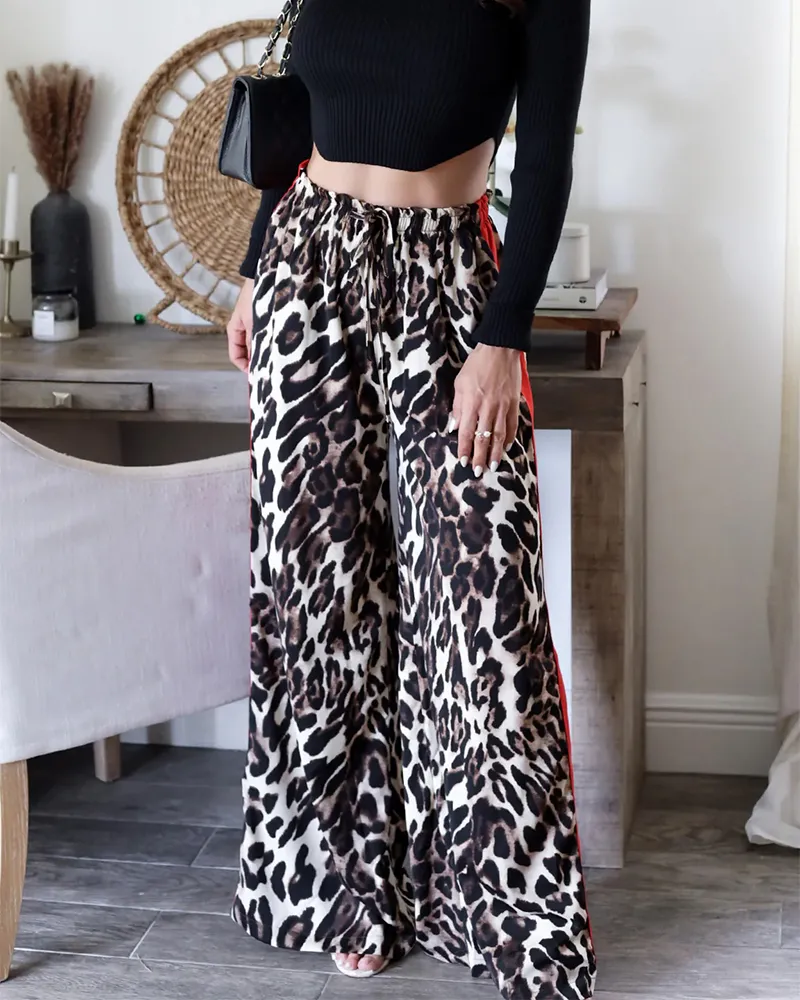 Leopard Print Panelled Wide-Leg Trousers