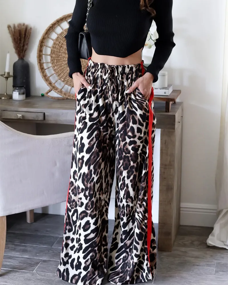 Leopard Print Panelled Wide-Leg Trousers