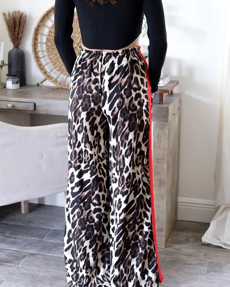 Leopard Print Panelled Wide-Leg Trousers