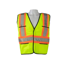 LV2-PSVCSA ANSI & CSA Compliant Public Safety Vest, Lime Solid Front Mesh Back, Reflective “X” On Back