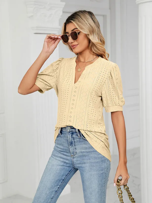 Marie Women's Knitted Casual V-Neck Solid Color Hollow Puff Sleeve Loose T-Shirt