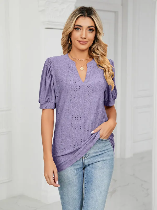 Marie Women's Knitted Casual V-Neck Solid Color Hollow Puff Sleeve Loose T-Shirt