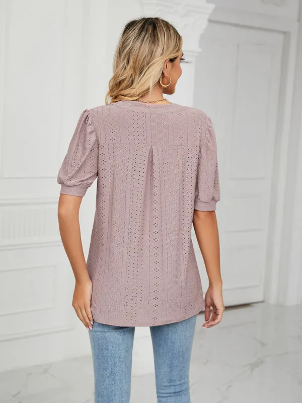 Marie Women's Knitted Casual V-Neck Solid Color Hollow Puff Sleeve Loose T-Shirt