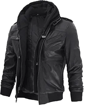 Men Black Leather Motorcycle Jacket with Removable Hood | Men Black Motorcycle Leather Jacket with Removable Hood