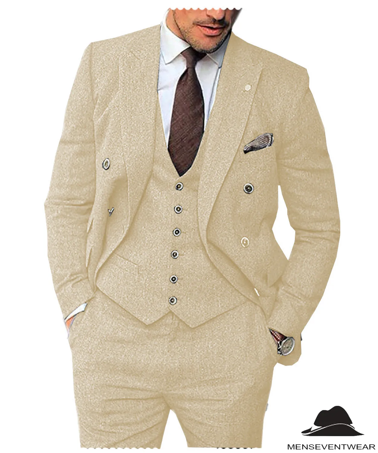 Men's 3 Pieces Mens Suit Classic Herringbone Tweed Notch Lapel Tuxedos (Blazer vest Pants)