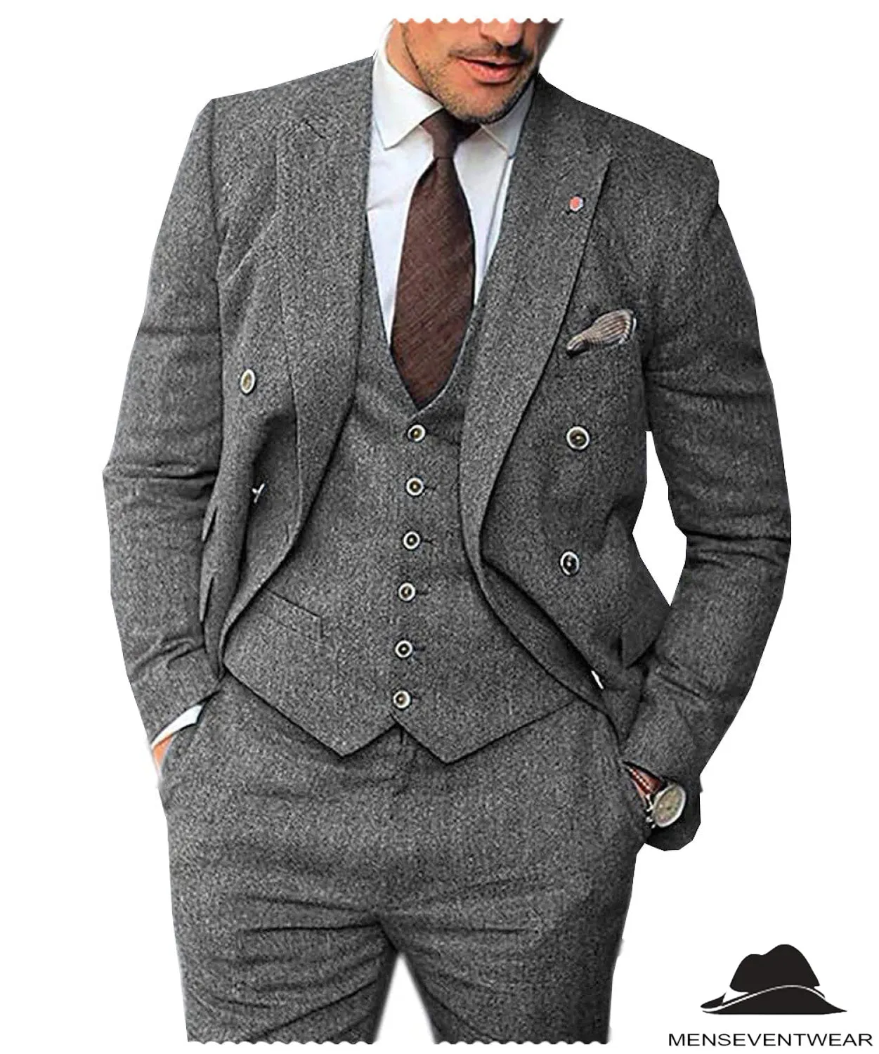 Men's 3 Pieces Mens Suit Classic Herringbone Tweed Notch Lapel Tuxedos (Blazer vest Pants)