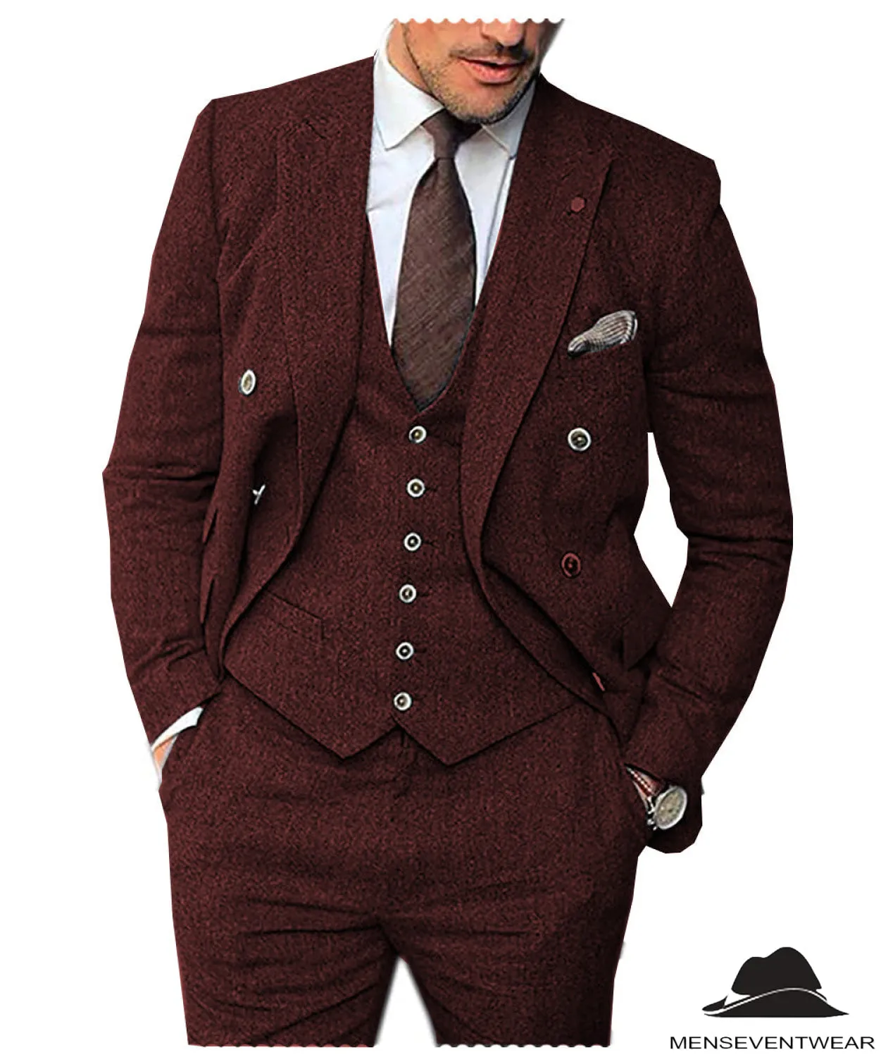Men's 3 Pieces Mens Suit Classic Herringbone Tweed Notch Lapel Tuxedos (Blazer vest Pants)