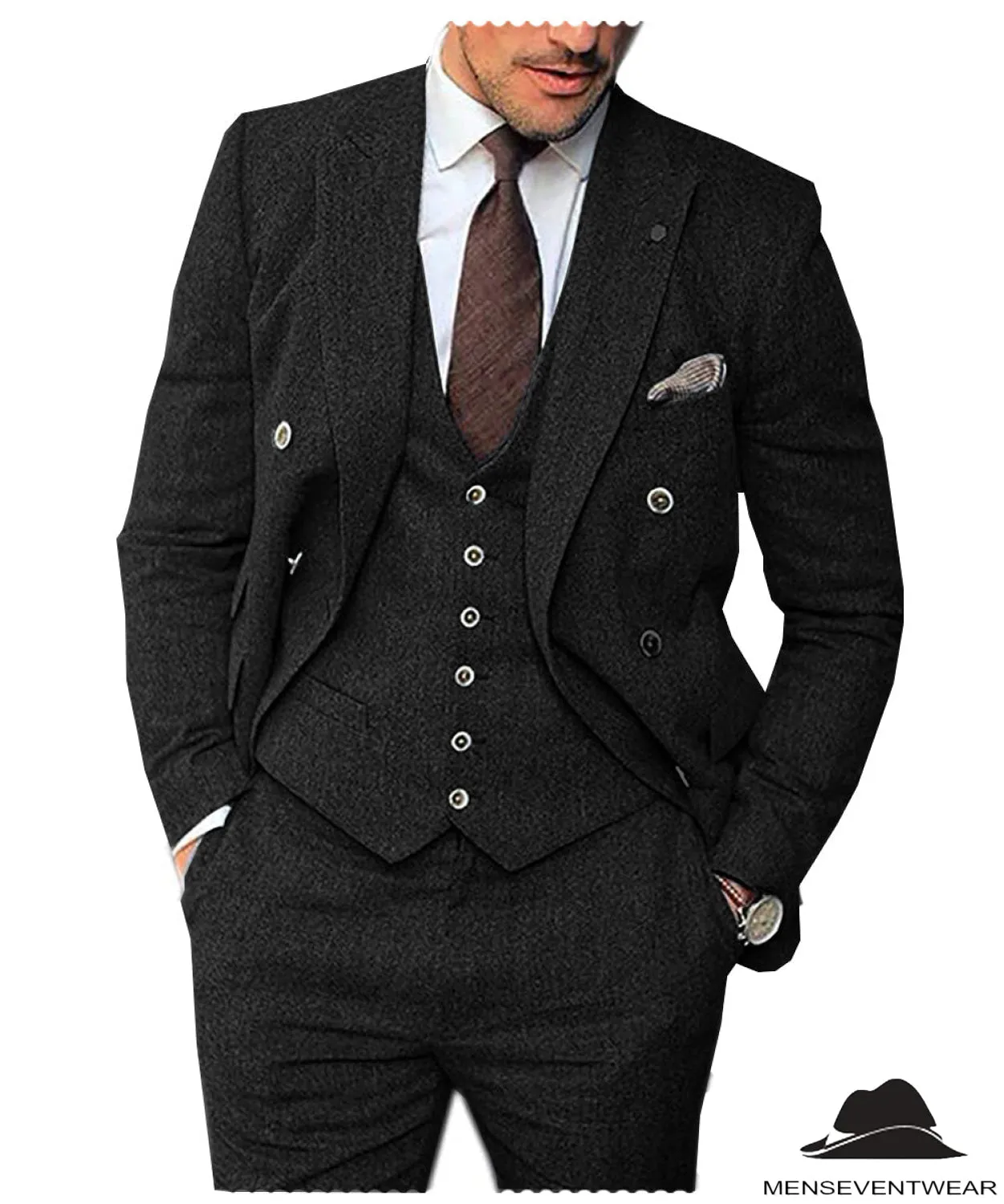 Men's 3 Pieces Mens Suit Classic Herringbone Tweed Notch Lapel Tuxedos (Blazer vest Pants)