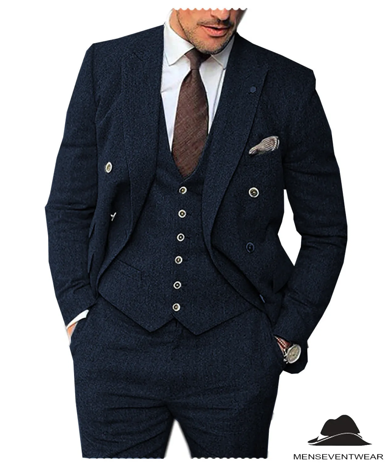 Men's 3 Pieces Mens Suit Classic Herringbone Tweed Notch Lapel Tuxedos (Blazer vest Pants)
